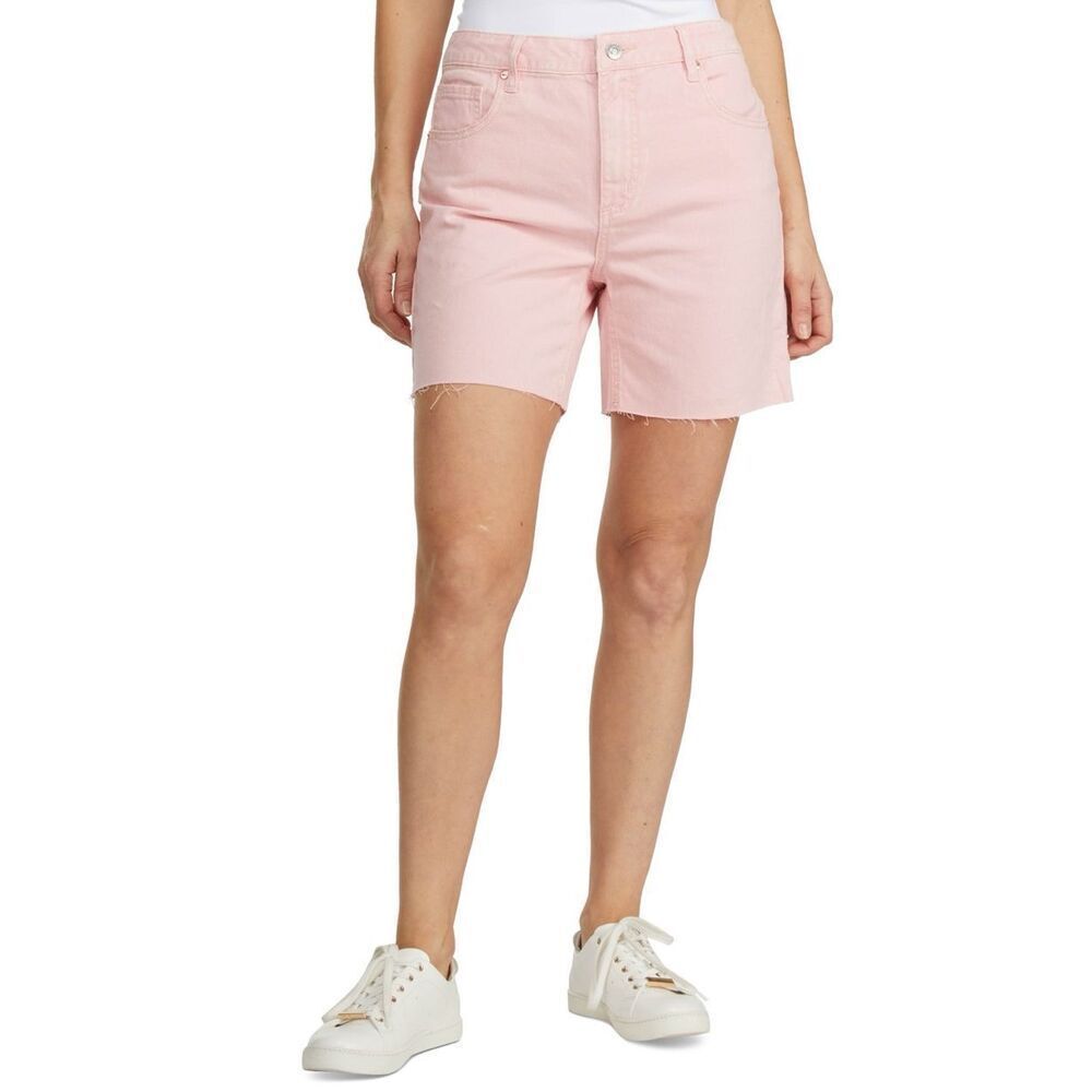 Numero Juniors' Cotton High-Rise Raw-Edge-Hem Shorts - Pink Coral‎ Size 26